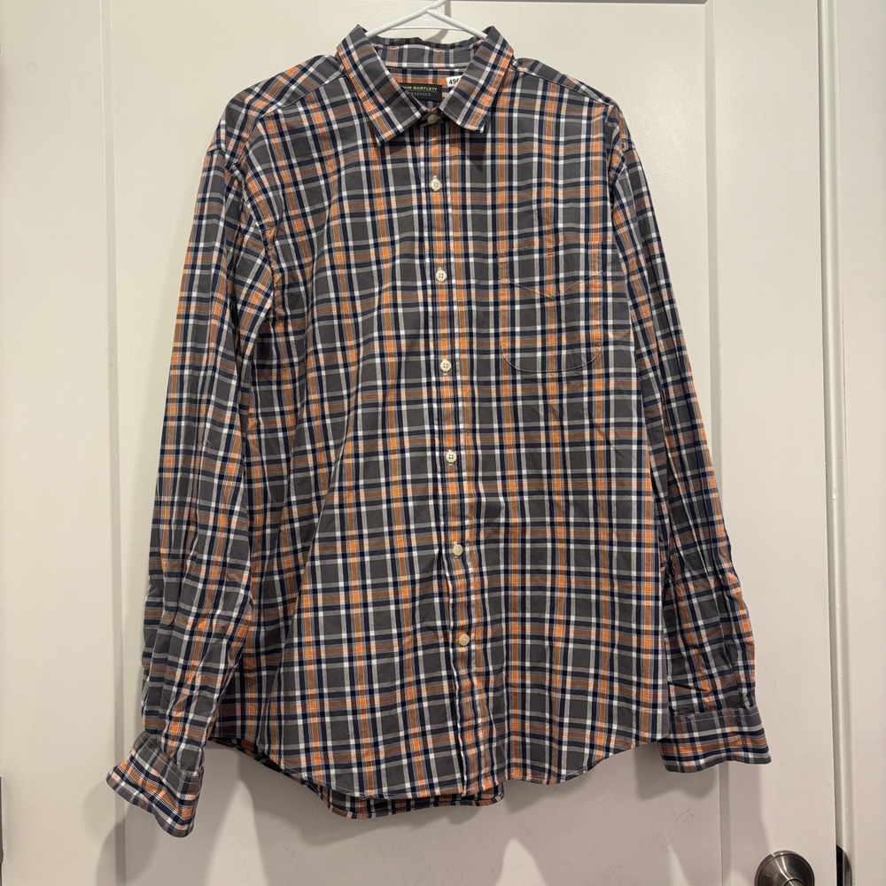 John Bartlett Consensus Mens Large Orange Navy Plaid Cotton Button Down Shirt